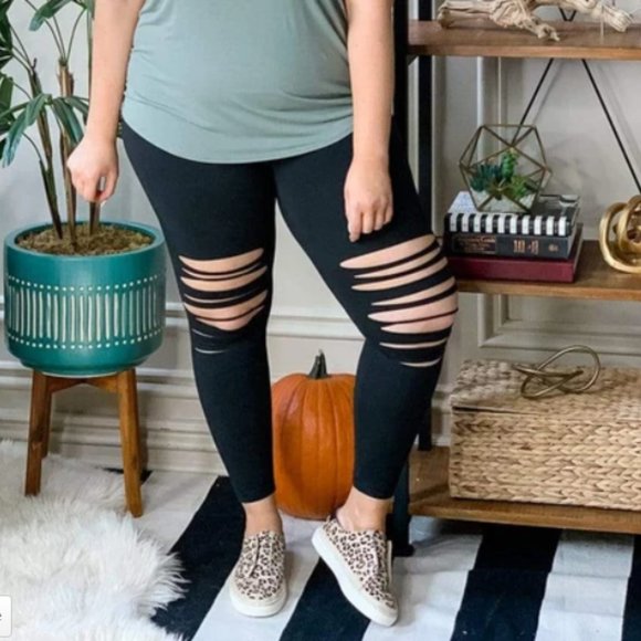 Women's BLACK DISTRESSED LEGGINGS - Picture 3 of 4